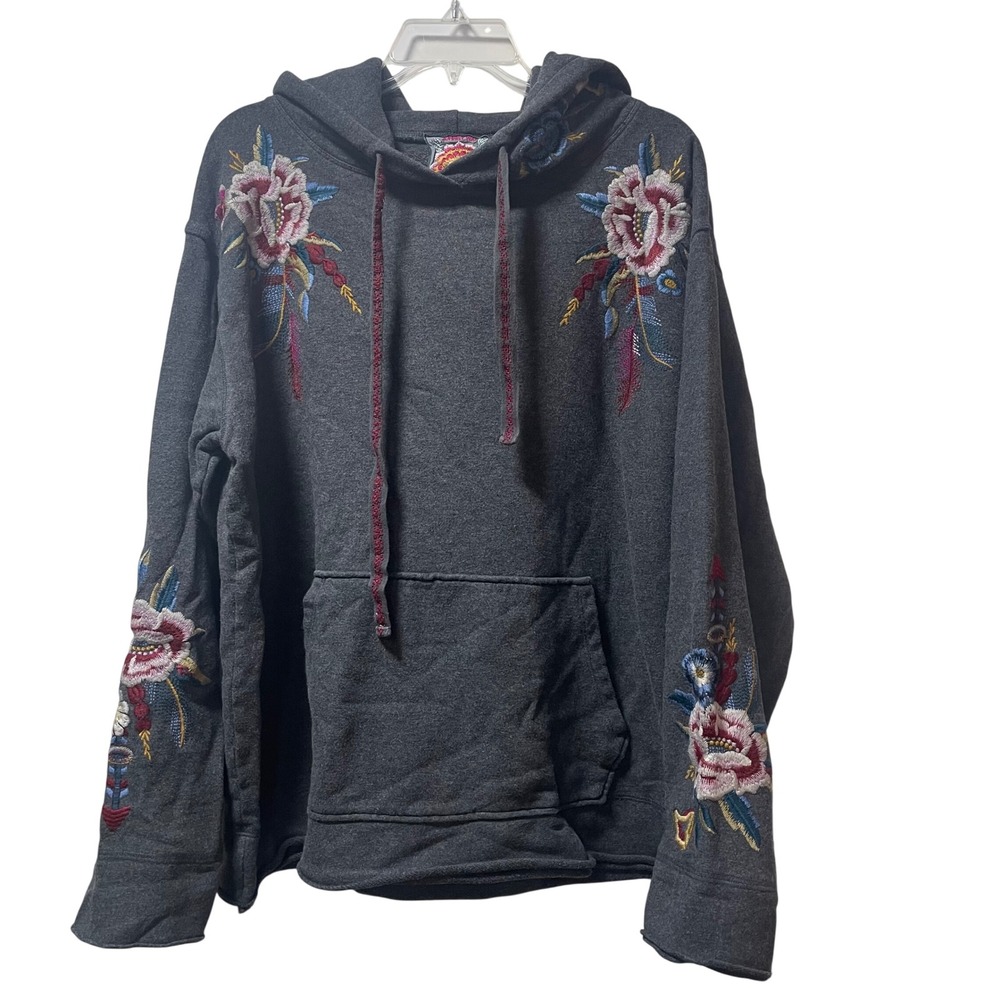 Johnny Was Gray Floral Embroidered Cotton Hoodie Boho Pullover JQ4418-9 Womens M